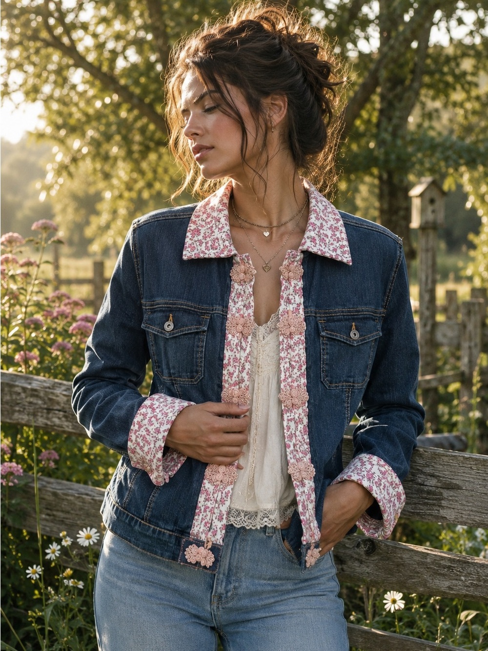 Lisa Skeels Original OOAK Upcycled Denim Floral Romantic Boho Jacket